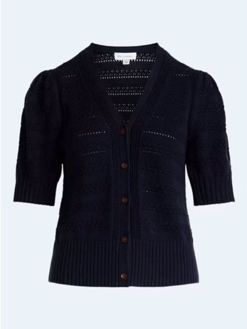 Free Assembly's Women's Cotton Crochet Cardigan Sweater with Puff Sleeves.